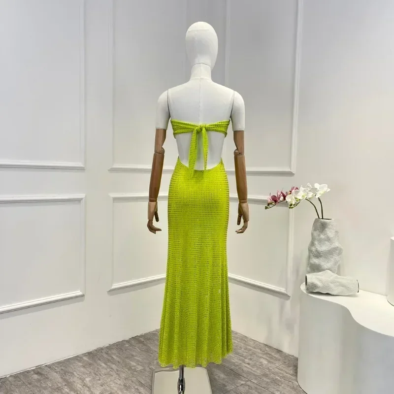 Diamonds Green Vintage New 2023 Summer Sexy Cut Out Luxury Sleeveless Lace-up Woman Midi Camisole Dress for Party