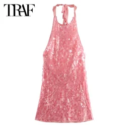 TRAF Women's Dress Sequins Long Dresses Halter Neck Sleeveless Dresses Evening Dresses Pink Backless Sexy Dresses Prom Dresses