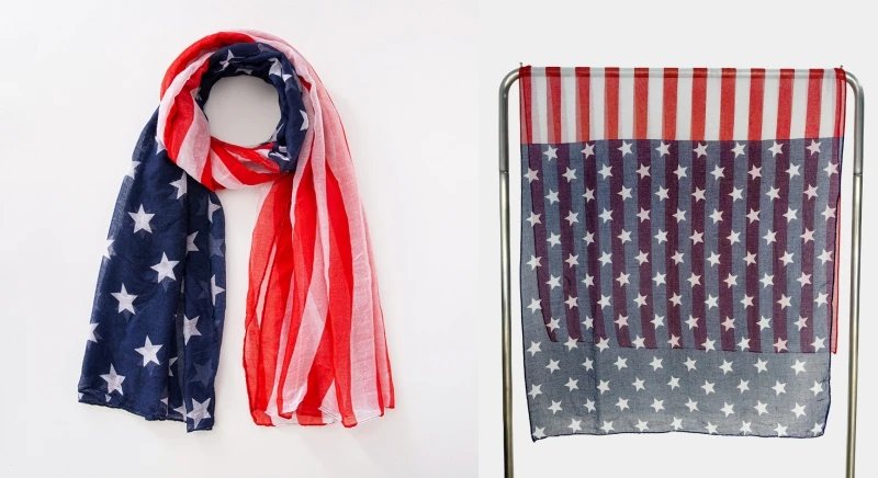Modischer Schal mit amerikanischer Flagge, länglicher Schal, patriotischer Sterndruck, Voile, weicher Wickelschal mit geometrischen Streifen – Detail 6