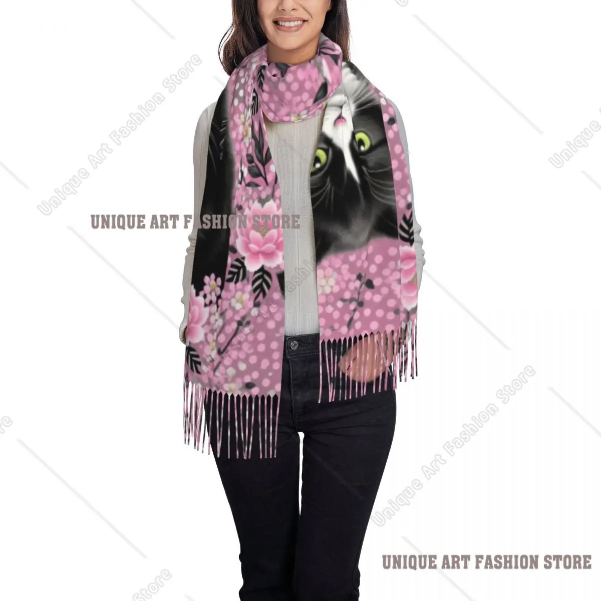 Senhoras personalizadas grande bonito criativo gato cachecóis feminino inverno outono grosso quente borla xale envolve cachecol