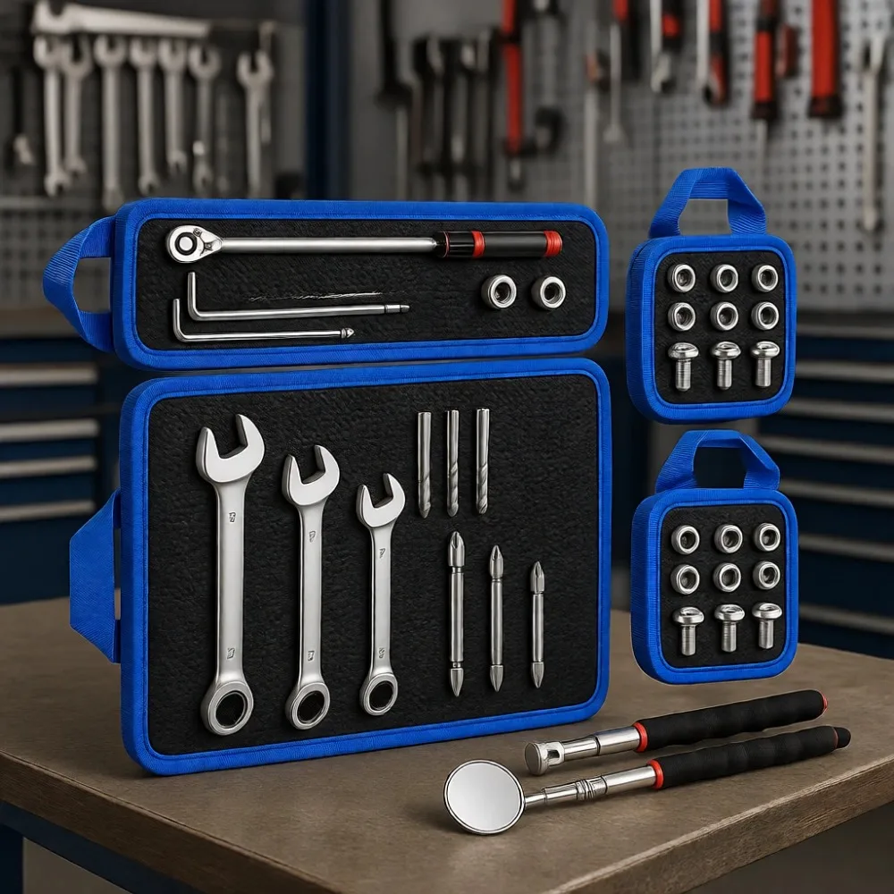 

Flexible Magnetic Tool Mat with Handles and Telescoping Magnet for Workshop Garage Use