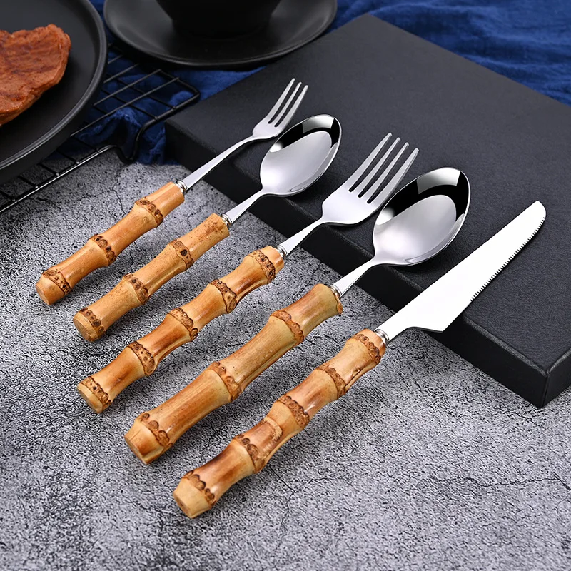 Steak Knife Fork Spoon Tableware   Bamboo Handle Stainless Steel Tableware Western Food Knife, Fork and Spoon   Kitchen Items