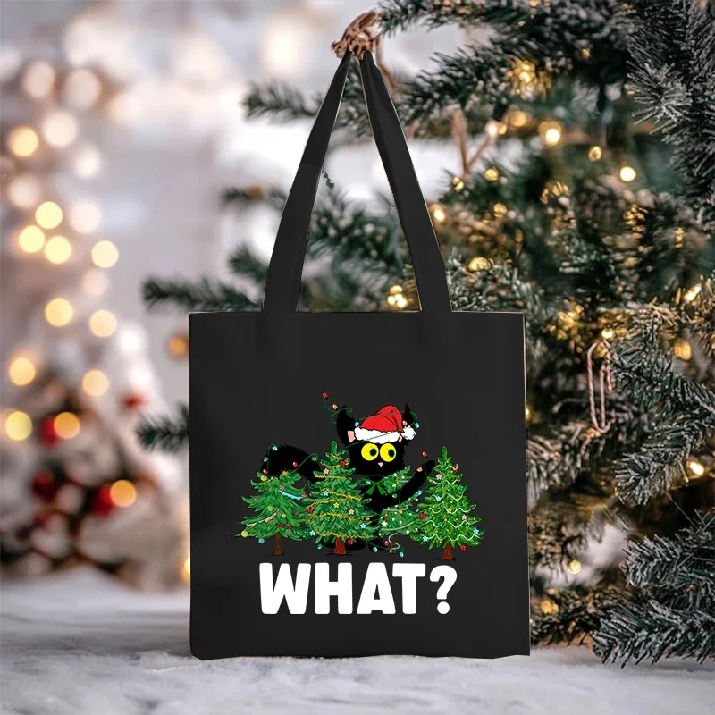 Cat What Canvas Tote Bags Black Cat with Christmas Tree Funny Xmas Gift Cartoon Shopping Bags Teen Novelty Fashion Shoulder Bag