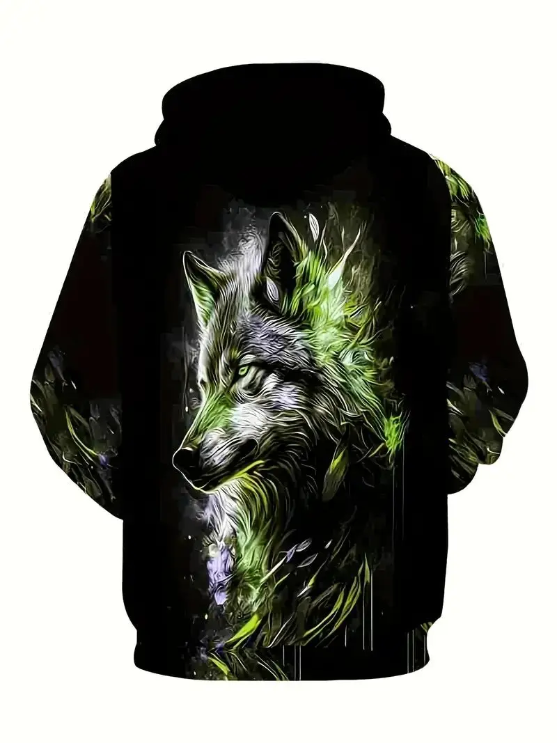 Wolf print flower hoodie, men's cool hoodie, men's casual pattern design hoodie street trend autumn and winter wear, as a gift