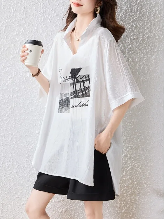 

Faionable Loose plus Size Midi Svel irt Women's Summer New Print Blouse f Sve Top Korean Sle Commute Wind