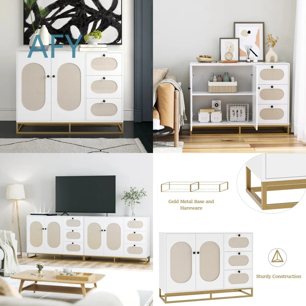 Nordic Style Rattan Surface Decorative Cabinet for TV Stand Sideboard with 3 Drawers Sturdy Metal Frame Modern Living Room
