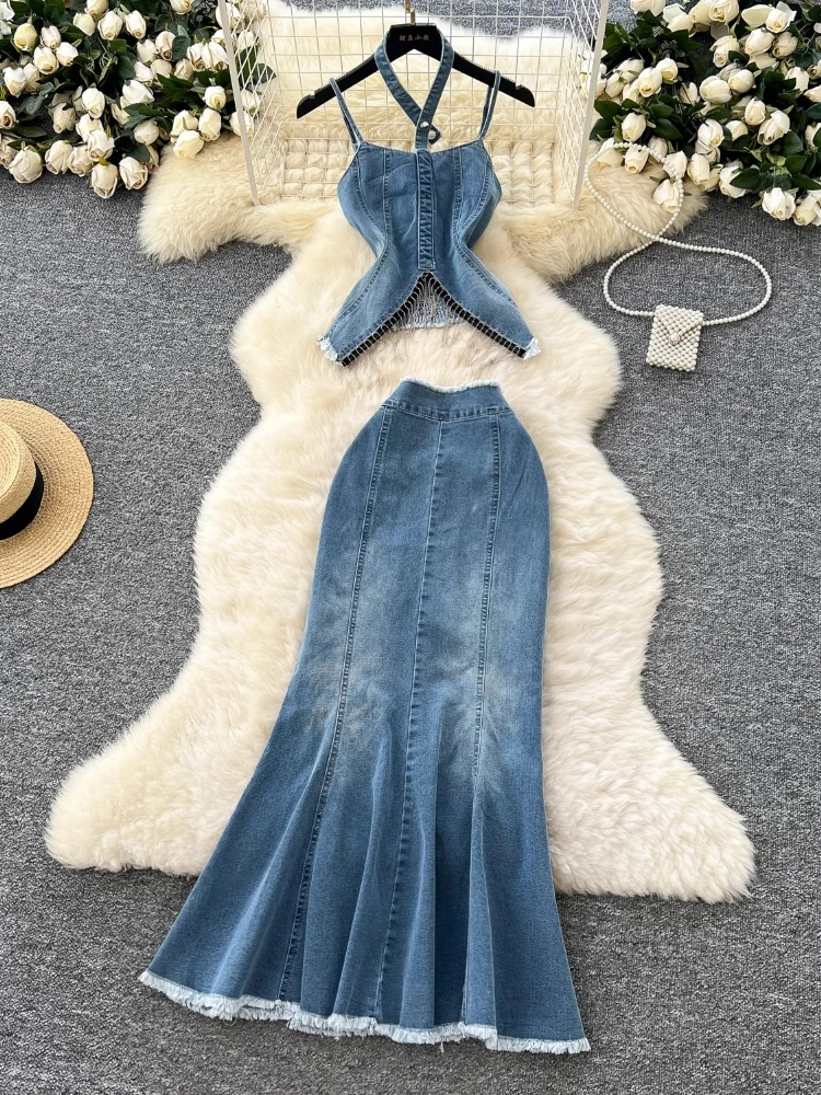 

2025 New American Irregular Slim Set Tassels Sling Mermaid Bodycon High Waist Mujer Sexy Denim Pure Desire Spice Girl Suit Skirt