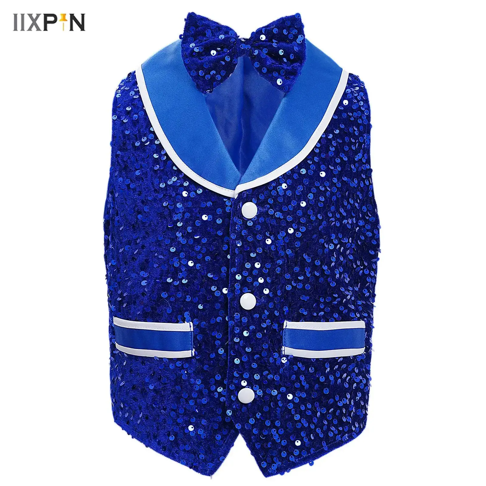 

Kids Boys Girls Jazz Dance Vest Tops Sparkling Sequins Irregular Hem Velvet Waistcoat+Bowtie Gentleman Party Performance Wear
