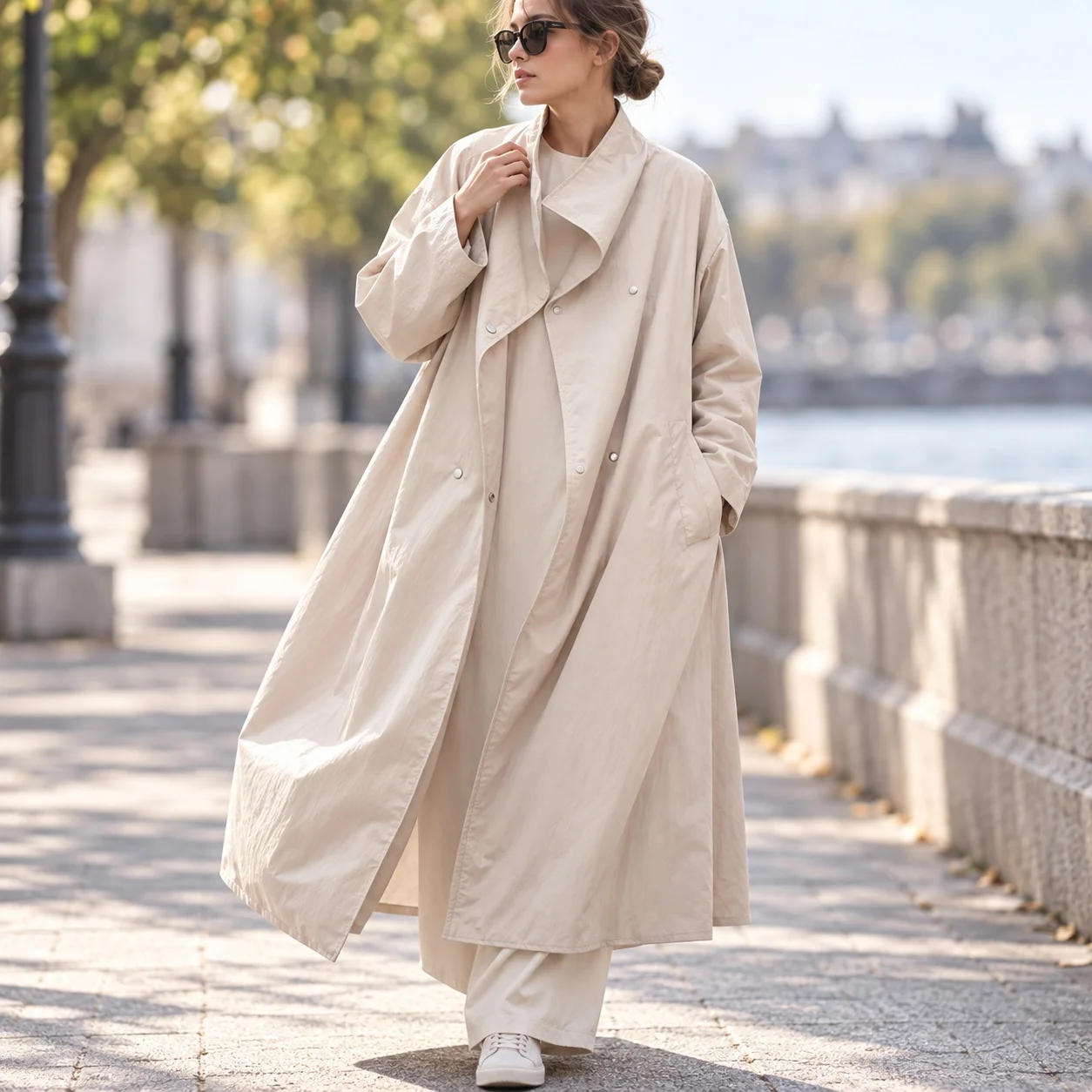Notched Lapel Turn Down Collar Cape Regular Fit Elegant Style with Medium Weight Regular Sleeve Spring Trench Coat for Women