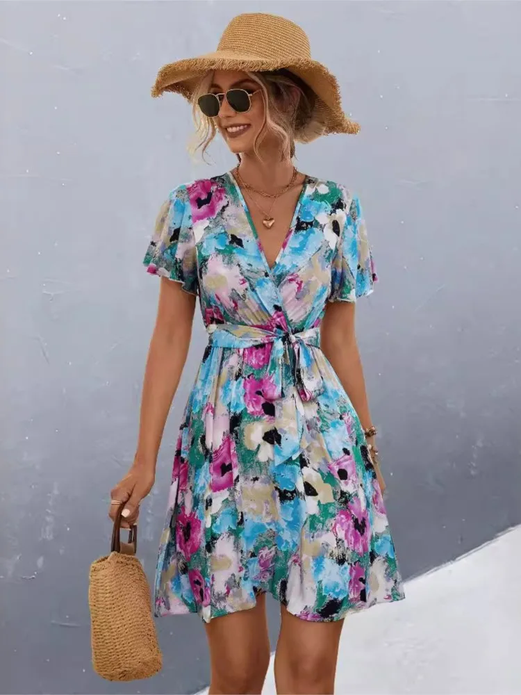 2024 Spring Summer New Women's Clothing Sexy V-neck Fashion Print Tie Short Sleeve A-line Short Dress Casual Comfortable