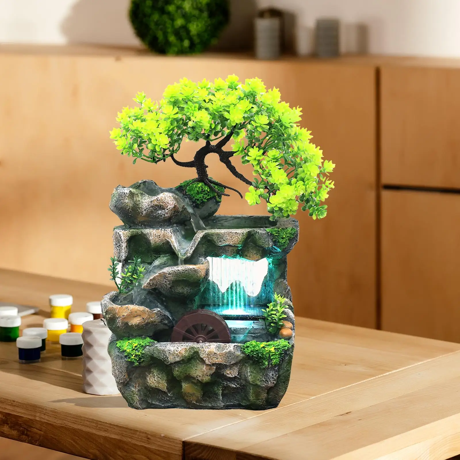 Tabletop Water Fountain with Light Cascading Rockery Bonsai Decor Desk Decoration for Meditation Yoga Room Multifunctional