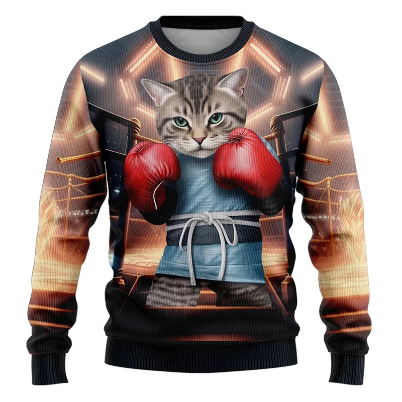 Funny Cat Graphic Sweatshirt For Men Fashion Personalization Cute Animal 3D Printed Sweater Trend Streetwear Kids Pullovers Tops