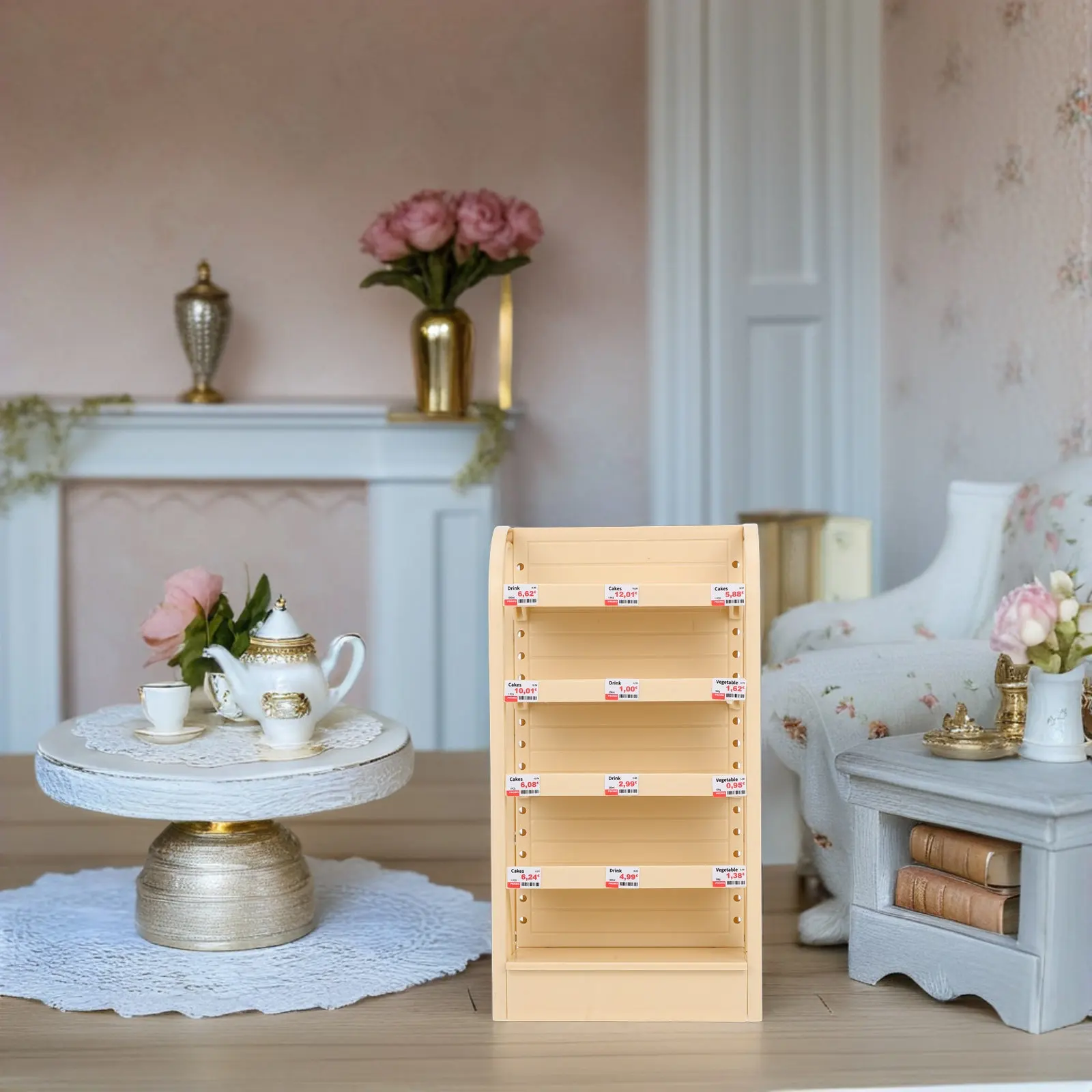 Miniature Supermarket Shelves Multi Layered Storage Rack for Pretend Play Miniature Kitchen Display Cabinet Mini House Furniture