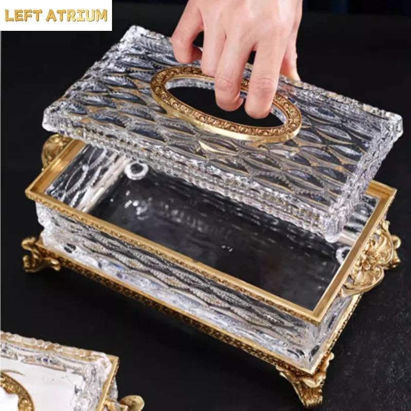 Crystal Glass Brass Tissue Box Premium Napkin Box Table Paper Boxes Ornament Storage Boxes Napkin Holder Tissue Organizer Crafts