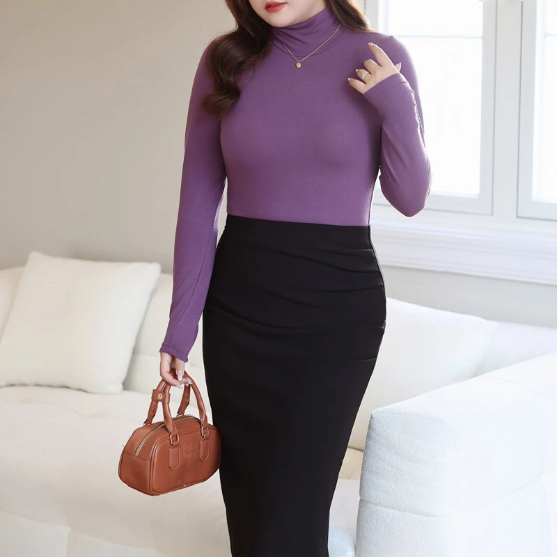 Women's Solid Color Turtleneck T-Shirt, Slim Tees, Plus Size, French, Soft, Commuter, Good Quality, Autumn, 2024