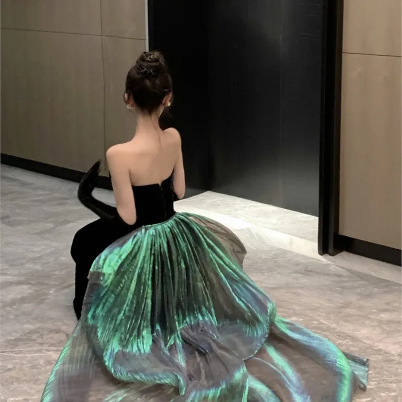 

Engagement Dress Light Luxury Minority Wedding Morning Gowns Women's Black Velvet Tube Top Banquet