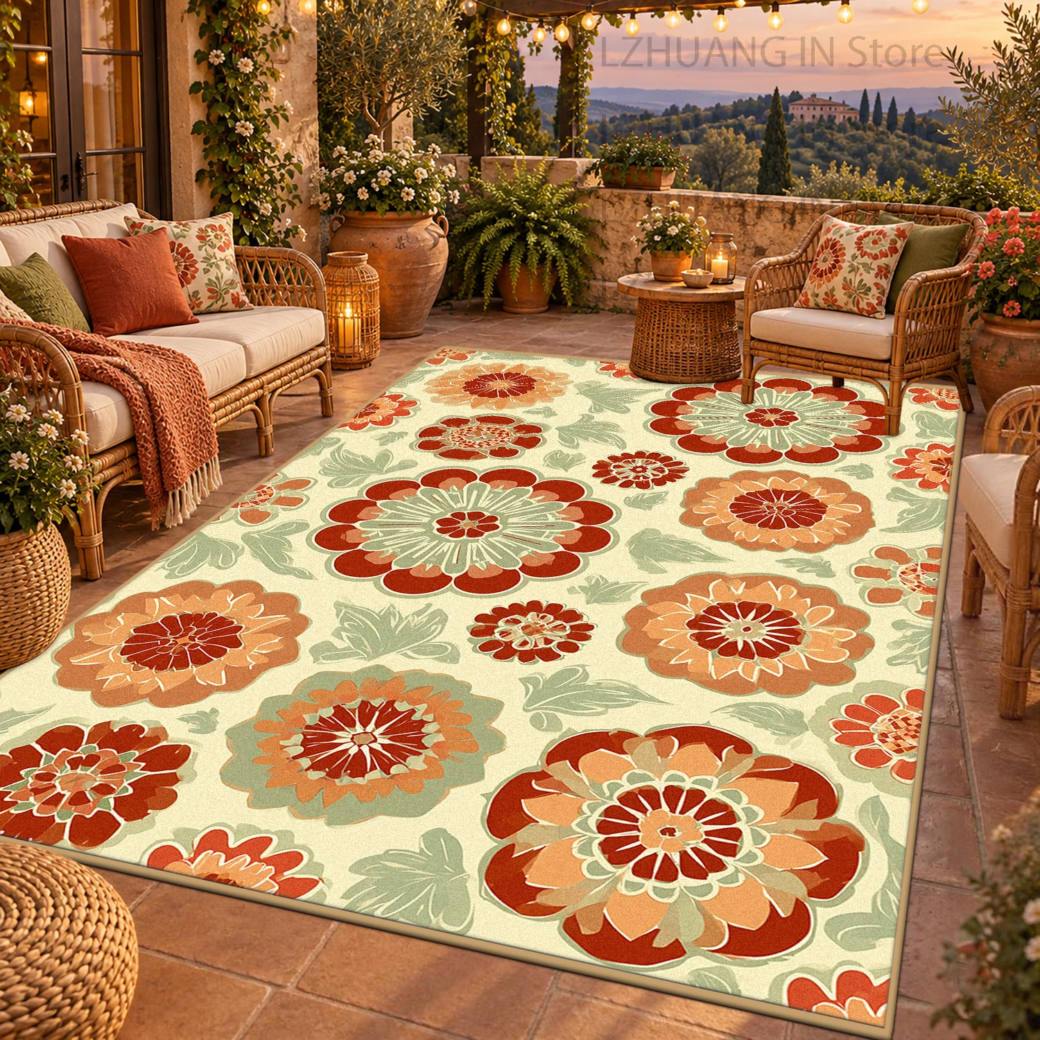 Vintage Floral Living Room Area Rug Warm Tone Soft Non-slip Patio Carpet Cottagecore Home Decor Easy Clean Floor Mat for Bedroom