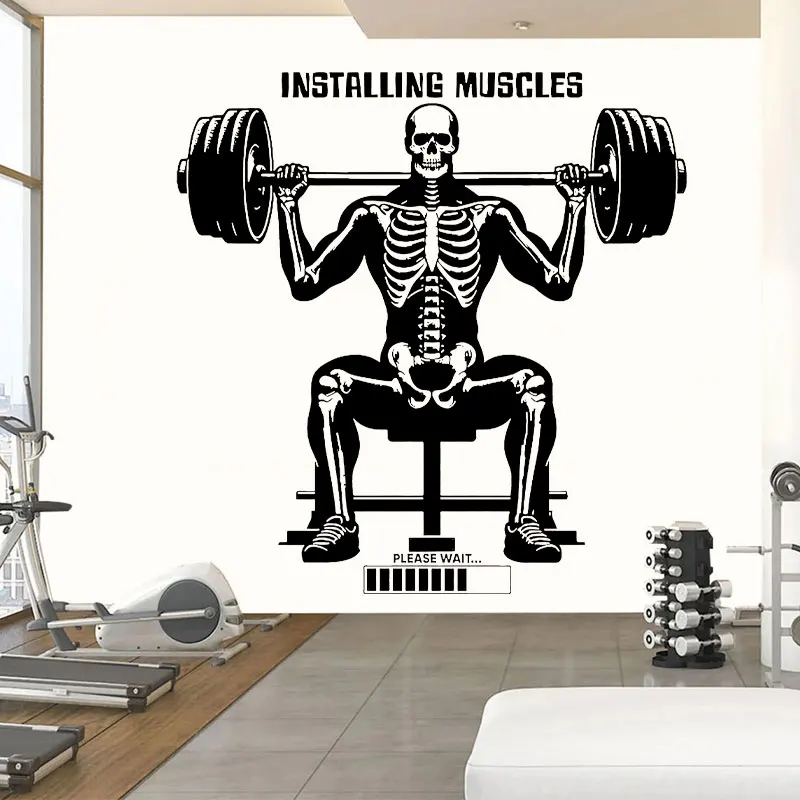 Installing Muscles Skeleton Gym Wall Decal Fitness Funny Decor Workout Power Vinyl Gym Stickers Motivation Crossfit Murals Z593