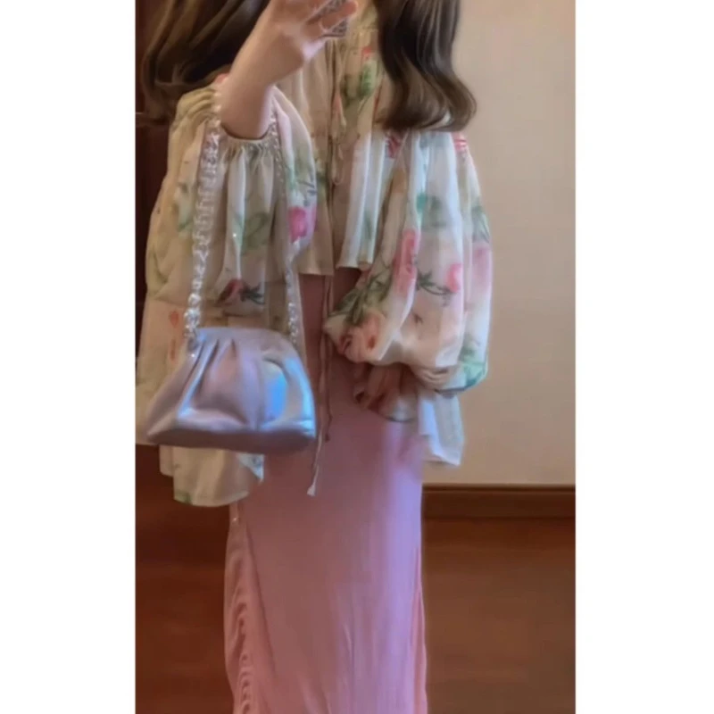 Atasan Lengan Lentera Cetak Temperamen Perancis untuk Wanita Rok Kelas Atas Baru Musim Semi Setelan Cina Baru