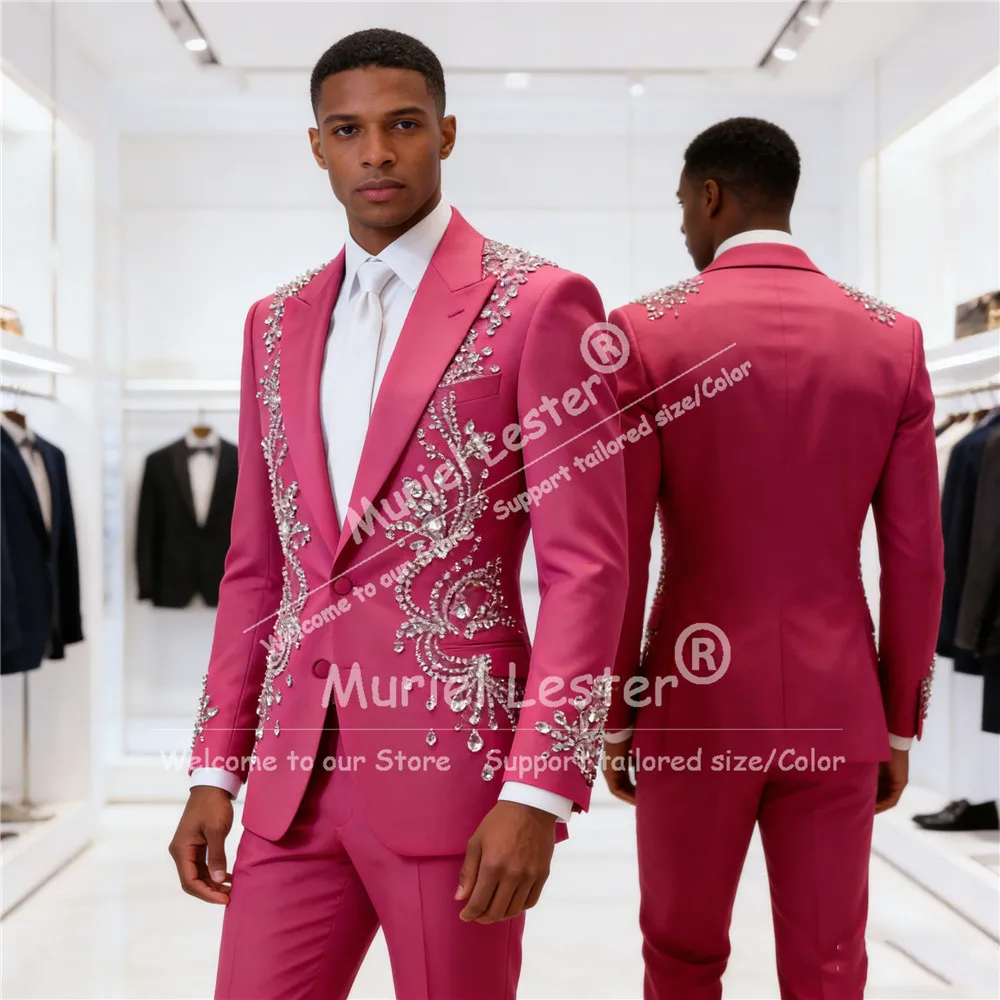 

Роскошные мужские костюмы с бриллиантовой вышивкой, приталенные, модные наряды для банкетов, свадебные смокинги для жениха, индивидуальный пошив, комплект из 2 предметов