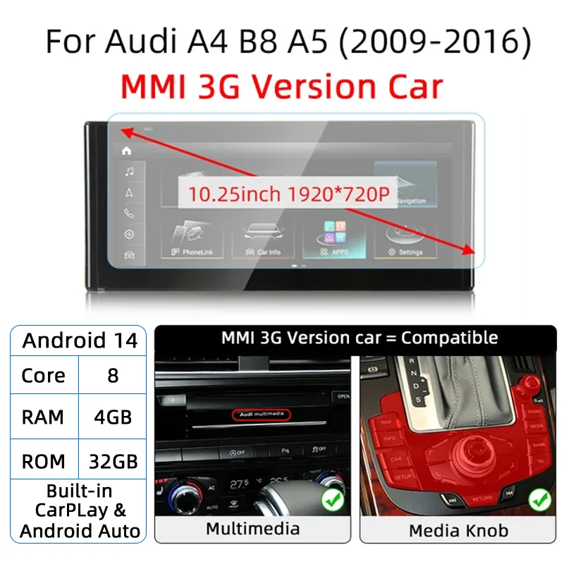 new Audi A4 B8 A5 2008-2017 MMI 2G 3G  Android 14 Wireless Carplay Auto Radio Screen Car Multimedia Player GPS Navi Stereo DSP