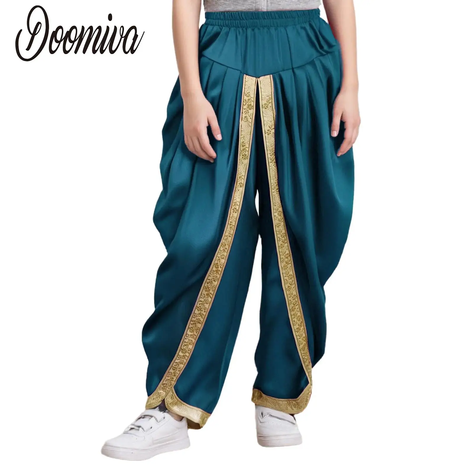 

Kids Boys Halloween Satin Dhoti Pants Elastic Waistband Draped Baggy Trousers for Theme Party Cultural Events Festive Occasions