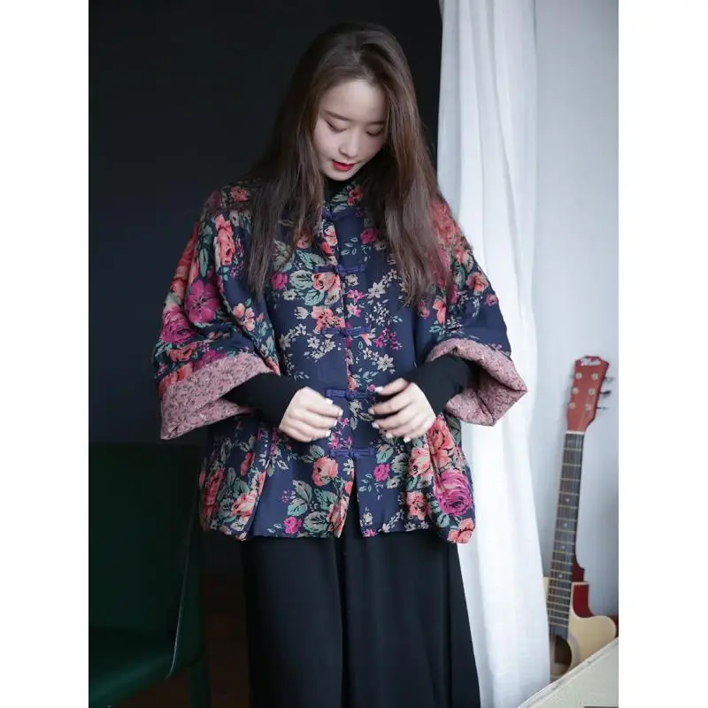 Floral Print Cotton Coat Vintage Autumn Winter Women Clothing Warm Design Chic Jackets Single Breasted Long Sleeves Outerwear