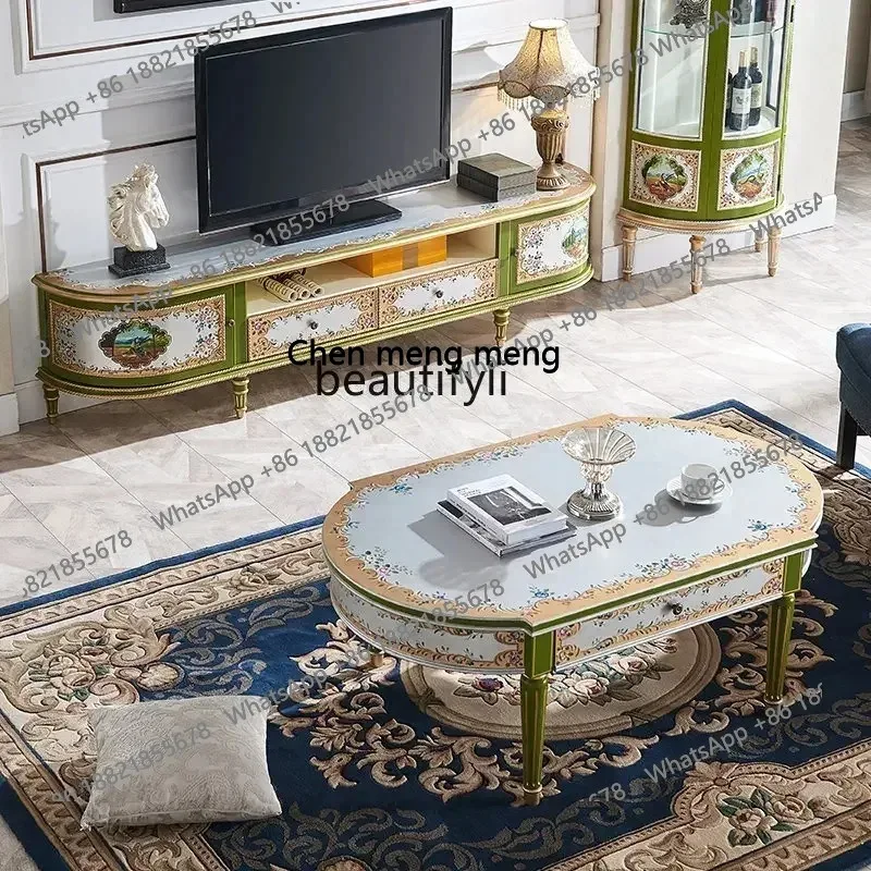cn8617 LHY  European-Style TV Cabinet Table Combination American-Style Wood Carved Painted Living Room French Antique Floor Cabi