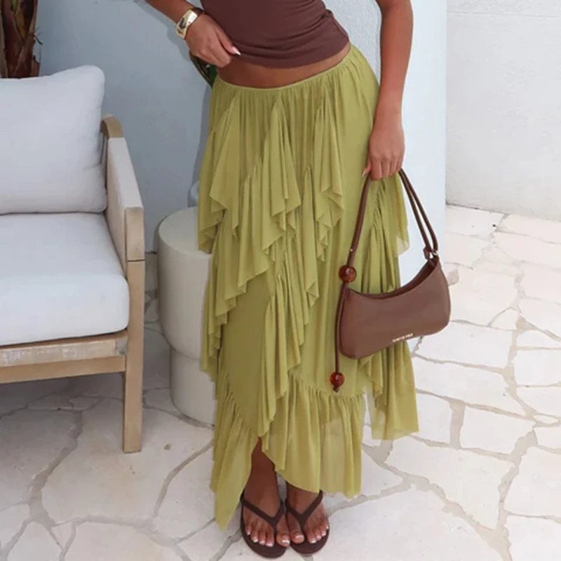 Women's Y2k Bohemian Ruffle Long Skirts Fashionable Casual Solid Color Elastic Waist Loose Flowy A-line Skirt Beach Streetwear