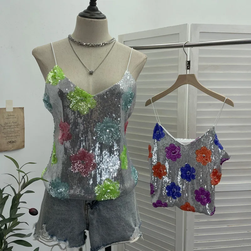 

Spice Girl Style Flower Sequined Suspender Vest V-neck Colored Bling Sparkling Sleeveless Top Women
