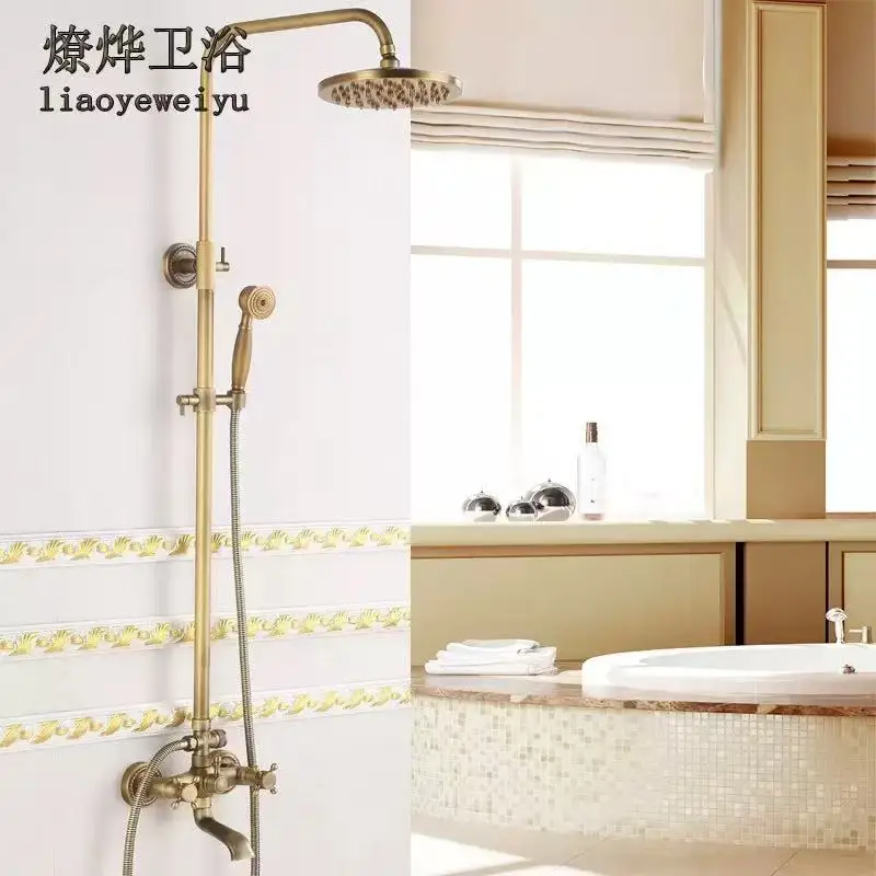 

Antique all copper shower head set, European retro blue and white porcelain shower set, air pressurized hand spray