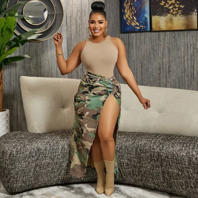 

GUWU модная камуфляжная длинная юбка на пуговицах с высоким боковым разрезом на талии, женская уличная классическая юбка-карго