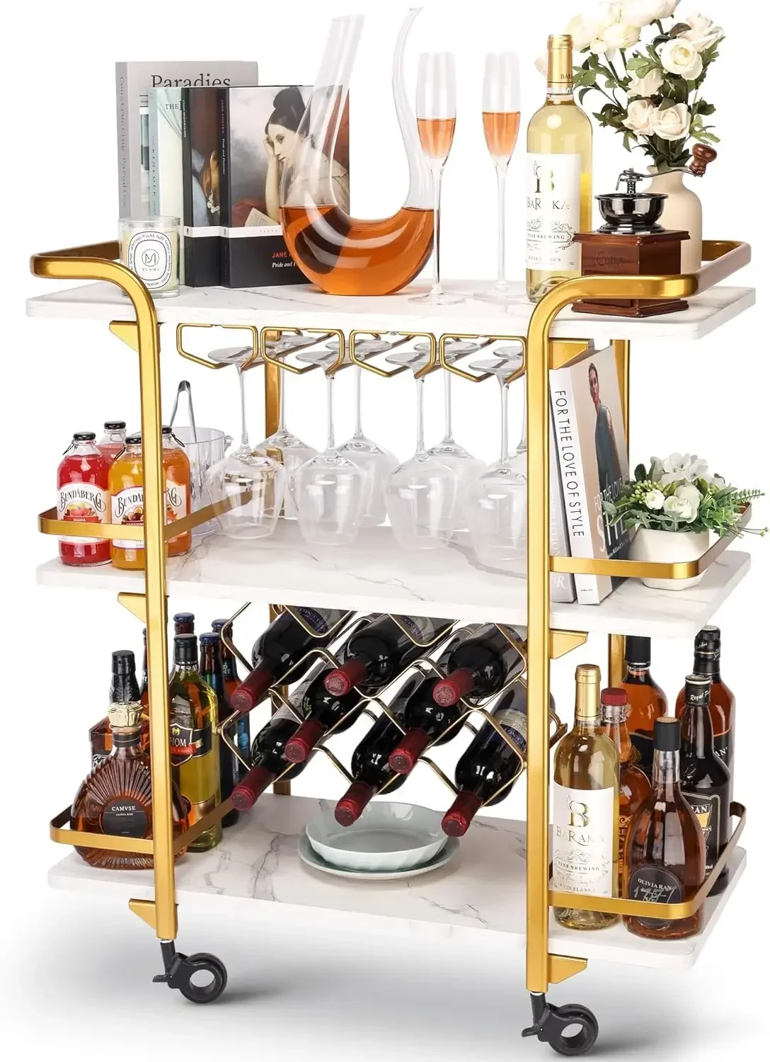 Jubao Gold Bar Cart with 3 Tiers for Stylish Storage, Home Bar Serving Cart with 4 Rows of Glass Holders & 8 Wine Racks