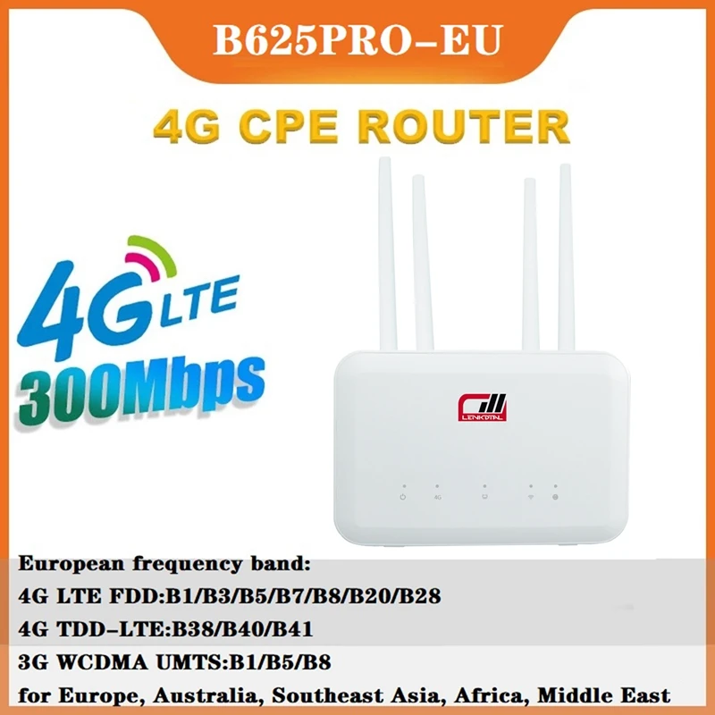 1 Set B625PRO-EU 4G Router 300Mbps With SIM Card Slot+4Xantenna 4G Wireless Router Support Battery Power B28 Band US Plug