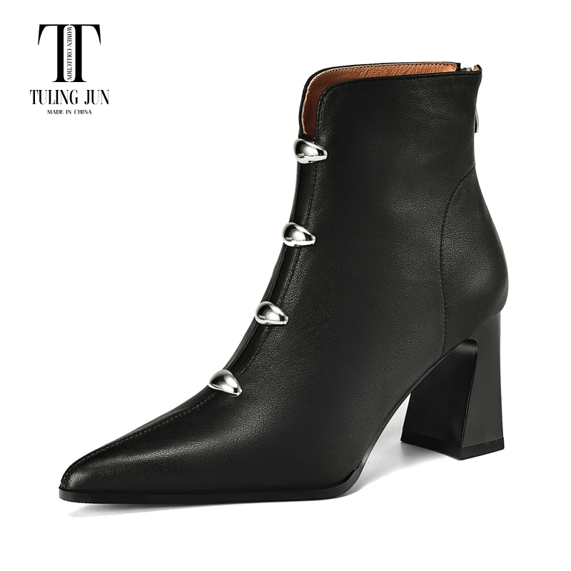 TULING JUN 2024 Winter Concise Female Pointed Head Elegant Zip Ankle Boots Solid Color High Heels Shoes For Women T-M2634