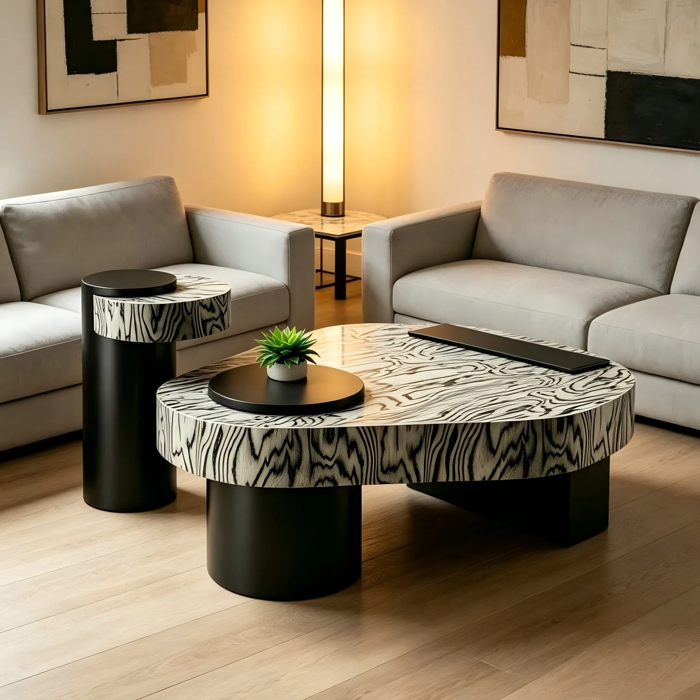 Italian minimalist irregular-shaped lacquer coffee table combination: Black and white tree pattern living room coffee table