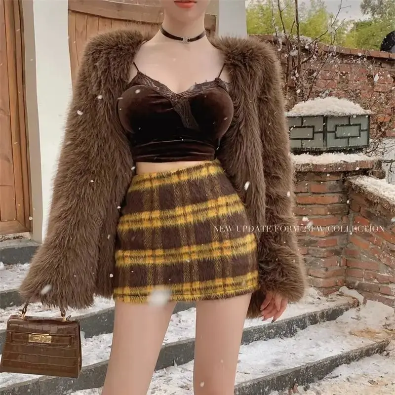 

Contrasting Plaid Skirt Woolen Autumn Winter Retro Spice Girl Plaid Skirt With High Waist Slim A-Bag Hip Skirt