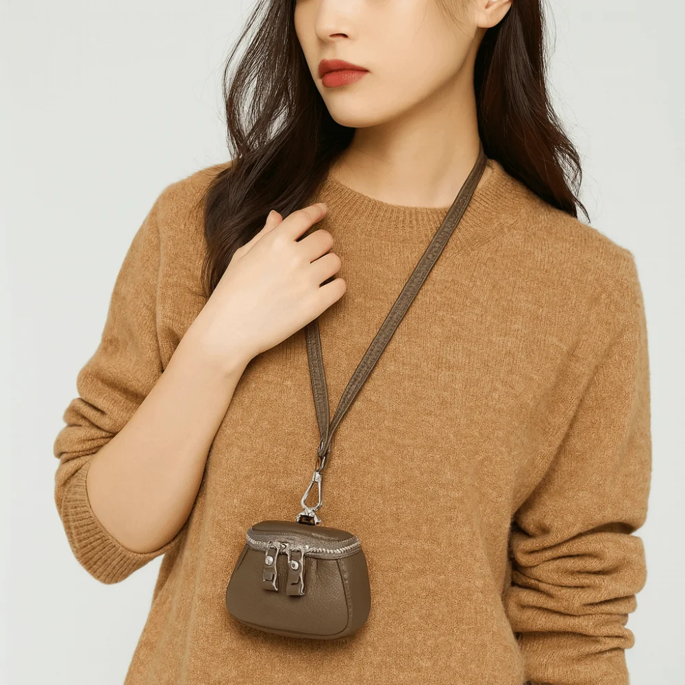 Solid Color Hanging Neck Coin Purse Genuine Leather Lipstick Earphone Pouch Lanyard Wallet Makeup Storage Purse Mini Storage Bag