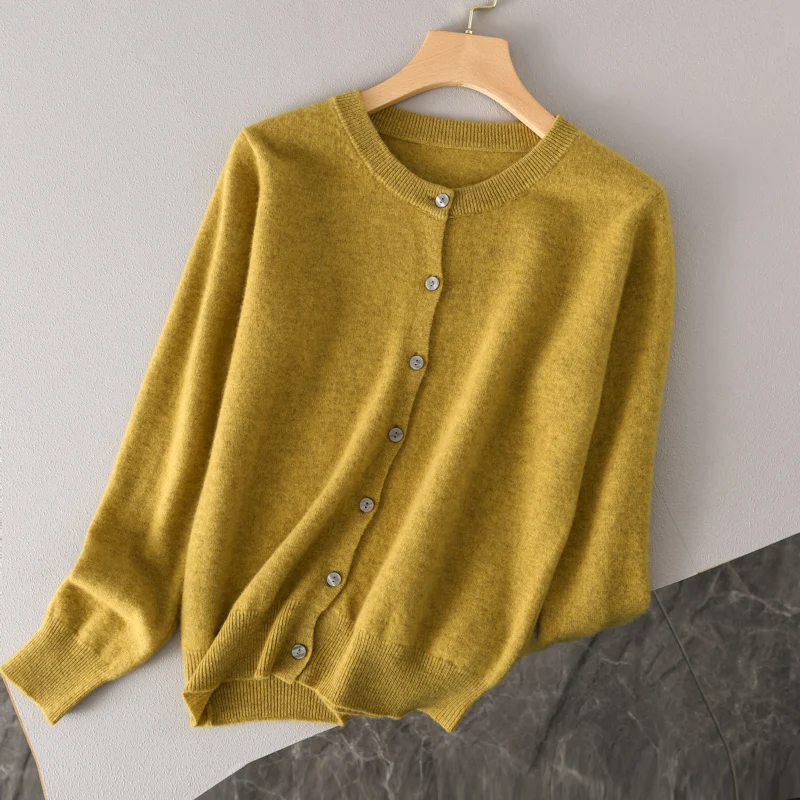 

Autumn Merino wool women's cardigan long sleeved solid color button round neck sweater comfortable, soft and high-quality top