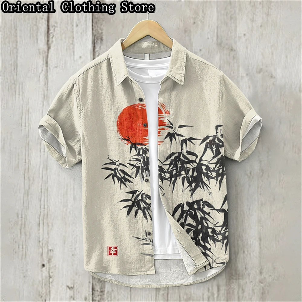 Men's short-sleeved 3D printed linen shirt Chinese style 2024 independent station popular bamboo pattern casual holiday clothing