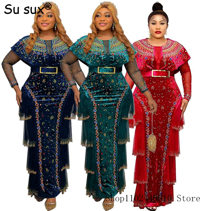 

Africa Party Elegant Dress Women Clothing Beading Velvet Mesh Patchwork African Dresses Robe Wedding Formal Bodycon Plus Size