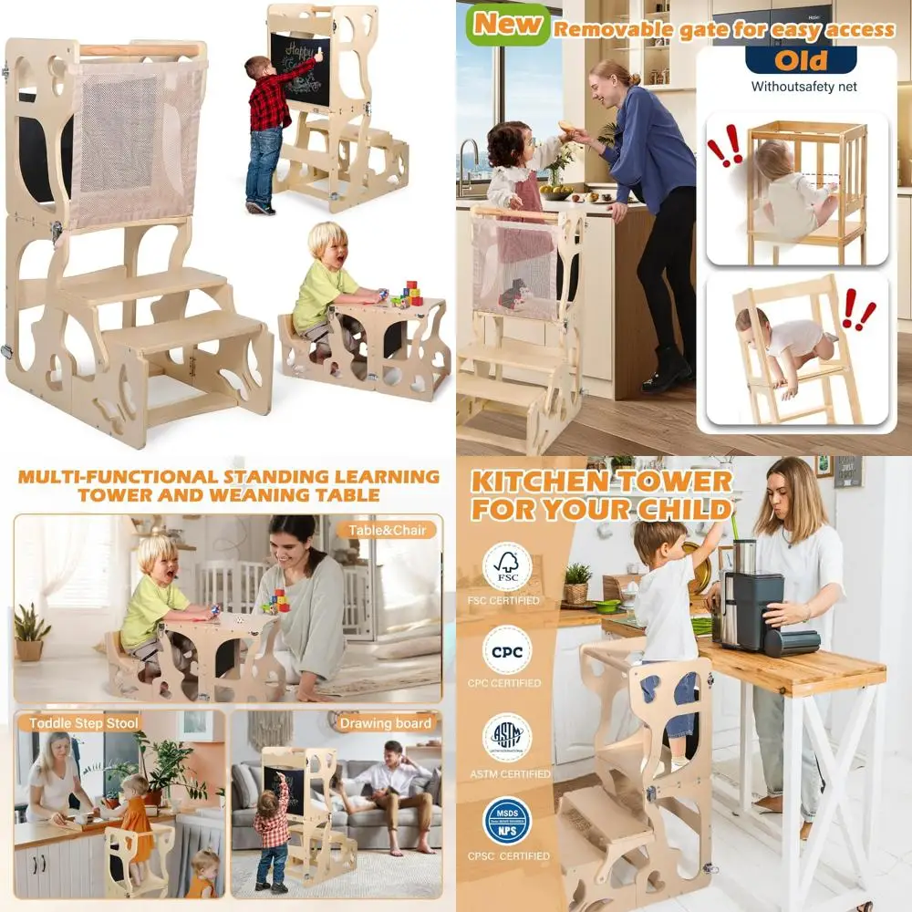 Toddler Tower, Kids Kitchen Step Stool Helper with Safety Net, Foldable Kitchen Learning Standing Stool, Toddler Ladder Anti-til