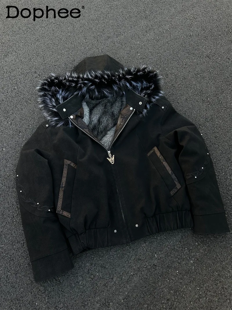 

2025 American Retro Fashion Trend Warm Hooded Cotton Jacket Stylish Boys Thickened Warm Fur Collar Cotton Coat