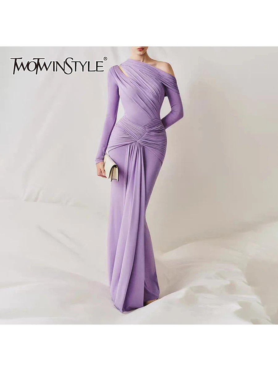 TWOTWINSTYLE Solid Slimming Spliced Folds Dress for Women Diagonal Neck Long Sleeves Patchwork Zipper Dresses Female Fashion New