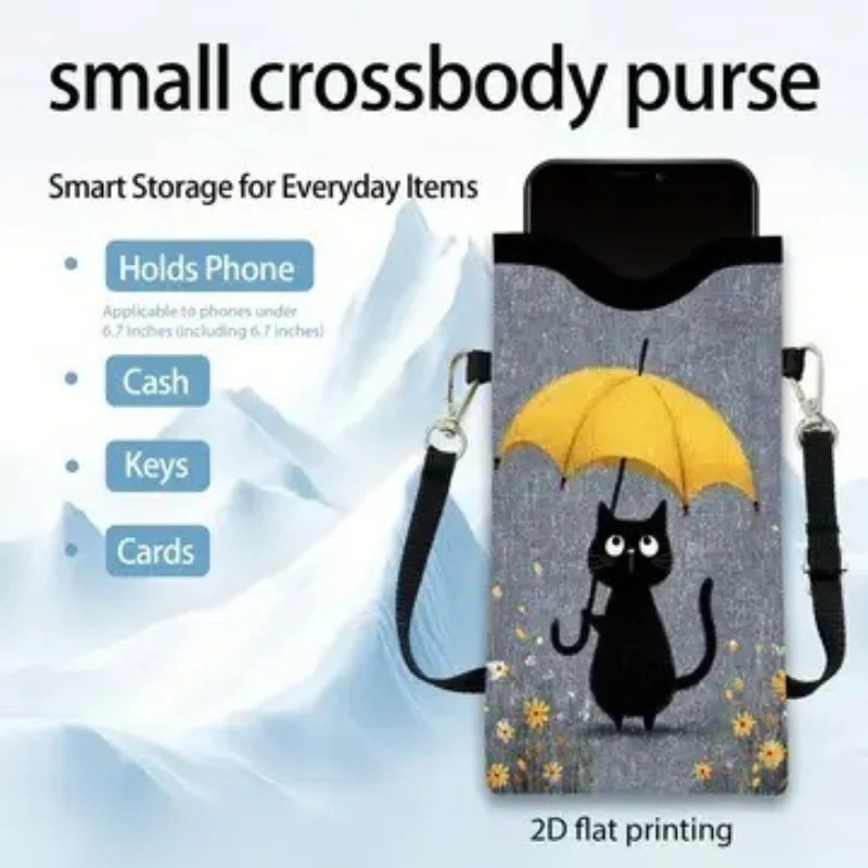 Adjustable Strap Mobile Phone Bag with Lanyard Fashionable 2D Cat Print Compatible with All Phones Unisex Daily Commuting Ideal