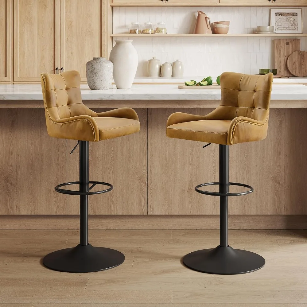 

Bar Stools Set of 2, Genuine Leather Swivel Bar Stools with Back, Mid Century Modern Adjustable Counter Height Bar Stool