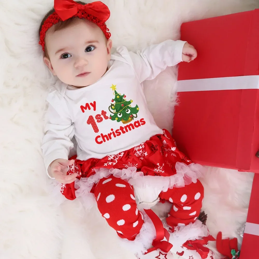 Newborn Christmas Clothes Girl Long Sleeve Xmas Dress Elk Christmas Tree Santa Claus Cartoon Romper Dress Shoes Socks Outfit