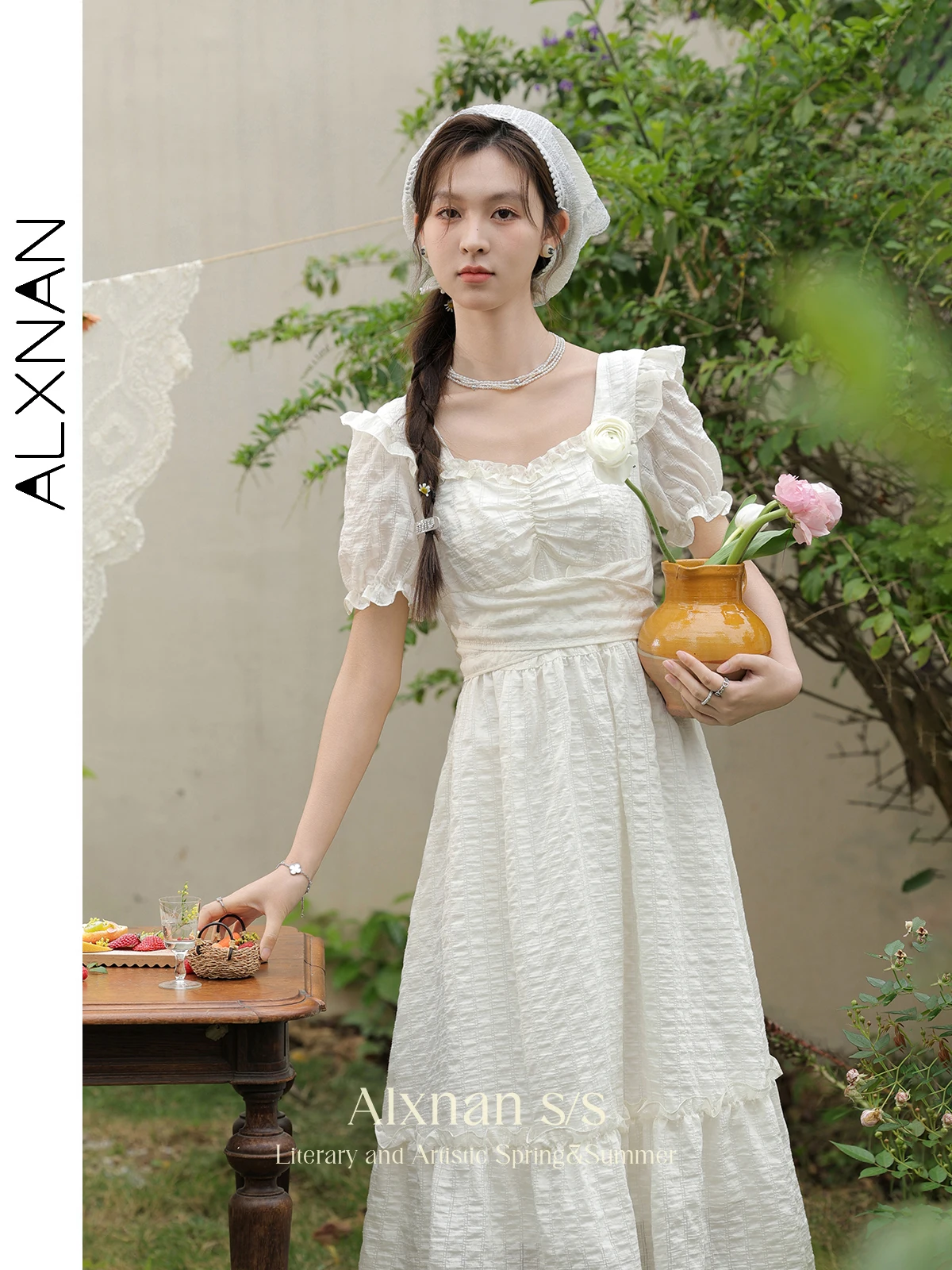 ALXNAN Frenchy Summer Dresses for Women 2024 Female Fairycore Ruffle Short Sleeve Tie A Line Long Dress Woman Clothes L33906