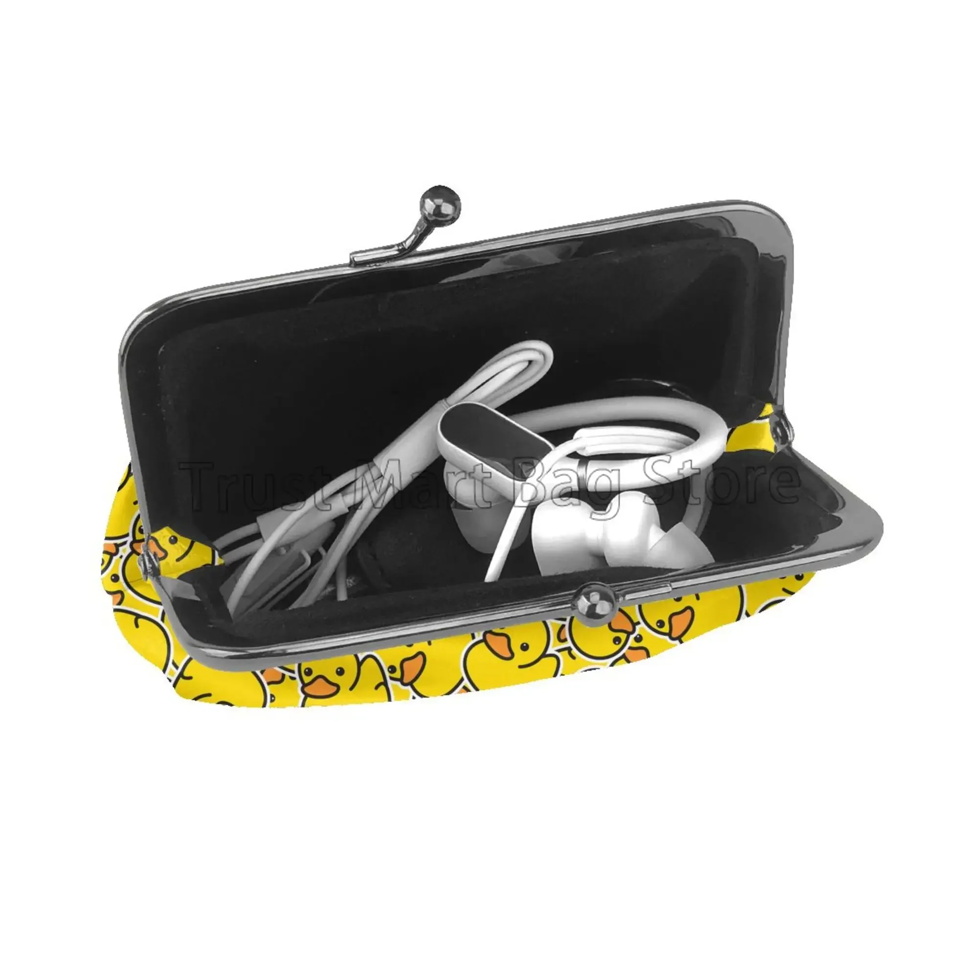 Cute Yellow Duck Print Leather Coin Purse Kawaii Small Kiss-Lock Change Pouch Clasp Closure Buckle Wallet for Women Girls Gift