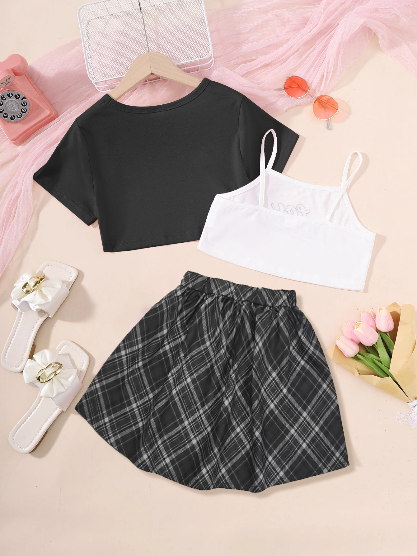 3pcs Sweet Girls Cropped Short Sleeve Solid T-shirt + Letter Print Straps Top + Pleated Skirt Set For 8-14Y Kid Girls Summer